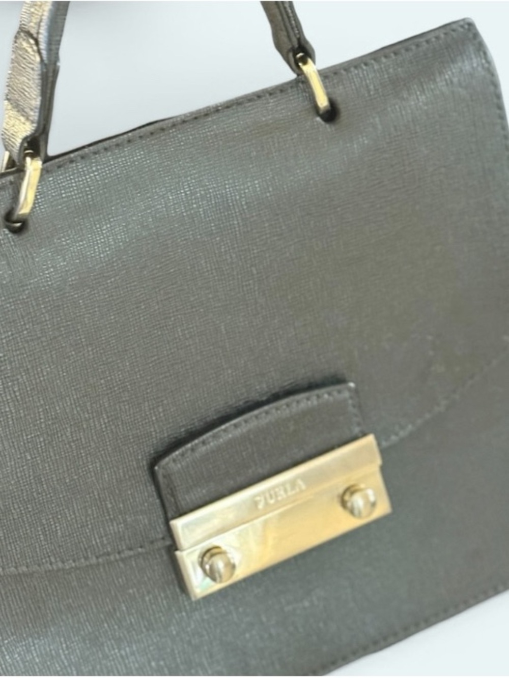 Furla Black Saffiano Leather Top-Handle Satchel with Patterned Guitar Strap - Picture 3 of 9